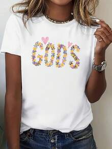 Women Soft T-Shirt Bright Floral GODS Design Comfortable Fit Short Sleeve Round Neck-Suitable For All Seasons Fashionable And Casual Pure Fabric Round Neck Top - White - View 1