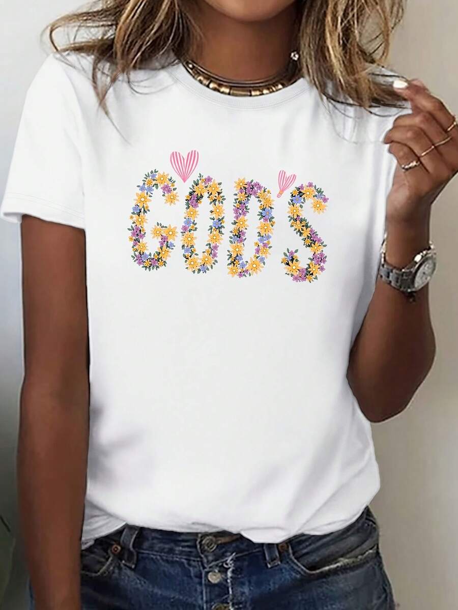 Women Soft T-Shirt Bright Floral GODS Design Comfortable Fit Short Sleeve Round Neck-Suitable For All Seasons Fashionable And Casual Pure Fabric Round Neck Top - White - View 1