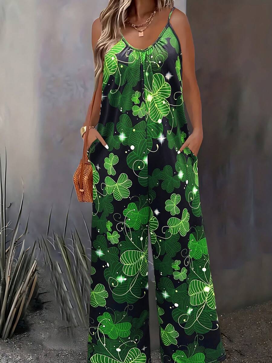 St. Patrick's Day Women's Jumpsuit - Shamrock Print Wide-Leg Romper With Pockets, Adjustable Spaghetti Straps & Mid-Stretch Fabric, Machine Washable Casual Spring/Summer Outfit, Festive Attire, Summer Fashion, Comfortable Fit - phong cách - Xem 1