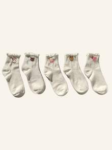 5双春夏卡通熊蕾丝边短袜，可爱碎花印花短袜，荷叶边袜口女款