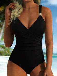 Women's Slimming V-Neck Cutout One-Piece Swimsuit, Sexy Casual Elegant Beach Vacation Style, Summer - Black - View 5