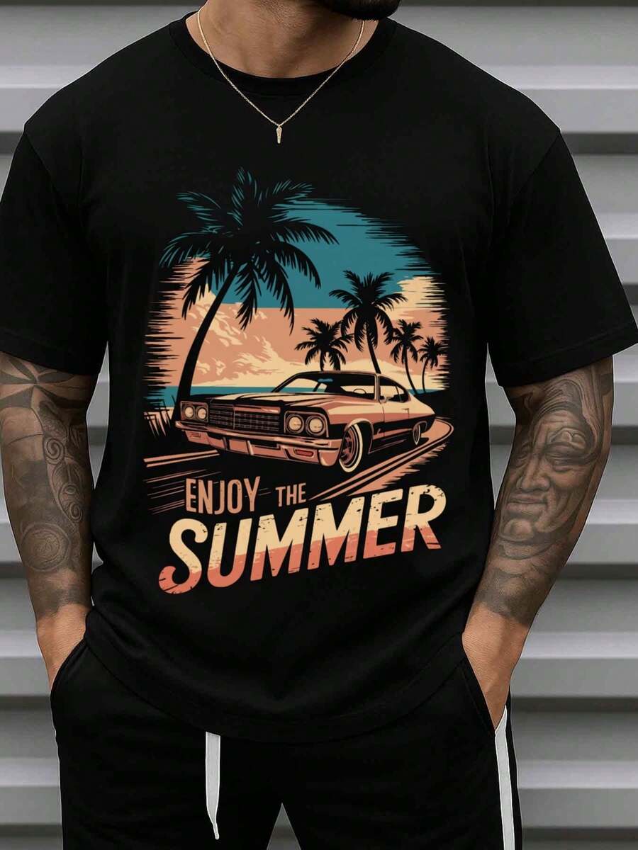Summer Vibes Ride Garage T-Shirt For Men Black Hip-Hop Streetwear Crew Neck Short Sleeve All-Season Wear Weekend Casual Regular Fit GREENINK - Black - View 1