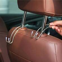4pcs Stainless Steel Car Hooks, Seat Back Storage Hooks, Non-Magnetic Stainless Steel Double Hooks With Silicone Anti-Slip Pad, Tightly Fit Headrest Rod, No Noise During Driving