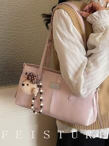 1pc Solid Color PU Fabric Pink Underarm Bag, Large Capacity Women's Commuter Bag, With Pendant, Suitable For Girls, Ladies, College Students, Career Starters, And Office Workers, Great For Work, Business, Commuting, And School - Pink - View 5