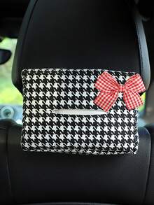 1pc Car Tissue Box With Pink/Red Bow Tie, Plaid Sunshade Tissue Holder, Multi-Functional Car Napkin Box Accessories - A - View 2