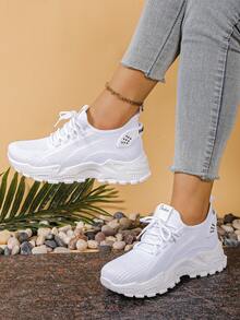 2026春夏新款针织网面厚底运动鞋，女士休闲运动鞋，百搭白色运动鞋，ins风 - 白色 - 查看 4