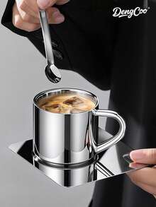 Dengcoo 3 PiecesCoffee Cup Set, Milanese Style Coffee Cup Set, Stainless Steel Coffee Cup With Saucer And Spoon, Ins Style Mug, Tea Cup, Espresso Cup, Pour Over Coffee Cup, Suitable For Holiday Gifts, Home And Back To School Season - Cup - View 11