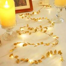 1 Set 3.2/6.5/9.6/16.4 Ft Artificial Gold Leaf Fairy String Lights, Battery Powered Copper Wire Decorative Lights, Suitable For Home Decor, Living Room Wall Decor, Birthday, Party, Wedding, Outdoor Yard Garden Fence Decoration - 金色 - 查看 2