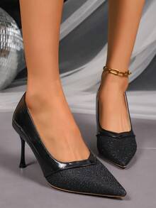 Pointed Toe Lace Patchwork Super High Heel Pumps, Versatile For Business, Social Events, Workplace, Fashionable & Elegant, Suitable For All Seasons - Black - View 1