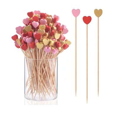 10/20/50/100/200 pièces Piques en bambou en forme de cœur, cure-dents pour apéritif, bâtonnets de décoration pour fête, brochettes à fruits, piques à snacks, décoration de table, brasseurs de boissons, brochettes à dessert en bambou, fromage, charcuterie, 4,7 pouces, idéal pour anniversaire, mariage, Saint-Valentin