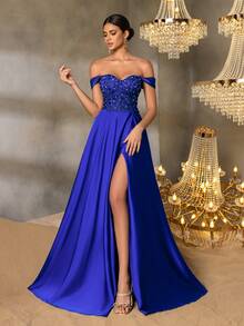 Faeriesty Đầm dạ hội trễ vai dành cho nữ, thân áo ôm sát đính ren và ngọc trai, kiểu dáng thanh lịch, xẻ tà cao, dáng ôm vừa vặn, thích hợp cho các bữa tối trang trọng, đám cưới, dạ hội, sự kiện thảm đỏ và các buổi lễ kỷ niệm trang trọng mùa xuân. - Xanh đậm - Xem 3