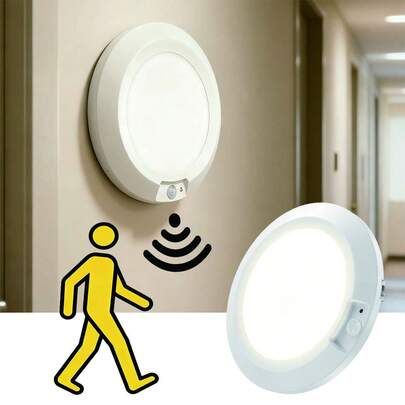 1.2W 210LM 6000K LED Round Motion Sensor Light Panel, Suitable For Bedroom, Stairs, Bathroom, Storage Room, Corridor (4*AA Batteries Required, Batteries Not Included)