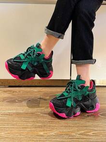 Women's Casual Sports Shoes, Spliced Wedge Platform Sports Shoes, Four-Season Outdoor Sports Running Shoes, And Women's Sports Shoes With Thick Platforms. - 綠色 - 查看 2