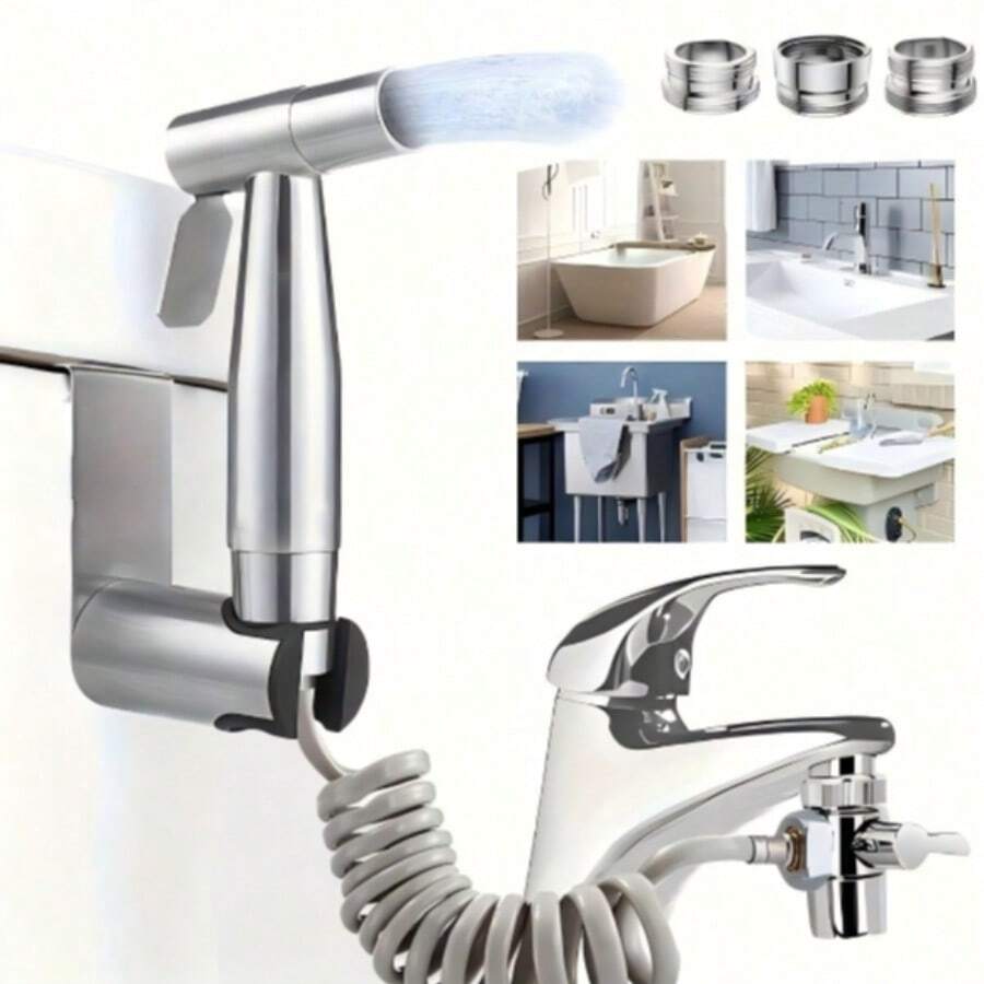 1 Set Sink Faucet Sprayer Attachment, Home Bathroom Hand Shower Sprayer Hair Washing Kit With Shower Hose, 3 Adapter, Sprayer Holder & Universal Faucet Diverter, Suitable For Bathroom Bathtub, Kitchen Faucet, Utility Laundry Tub - Silver - View 1