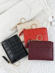 Móc khóa dây xích, ví nhỏ gấp gọn màu đỏ tía trang trí chữ cái, ví đựng tiền xu và thẻ kiểu dáng tối giản nhẹ nhàng dành cho nữ, quà tặng thời trang dễ thương nhân dịp sinh nhật, Giáng sinh, kỷ niệm cho phái nữ, quà tặng doanh nhân, sinh nhật, Giáng sinh, Ngày Valentine. - Màu Đỏ Sâu - Xem 4