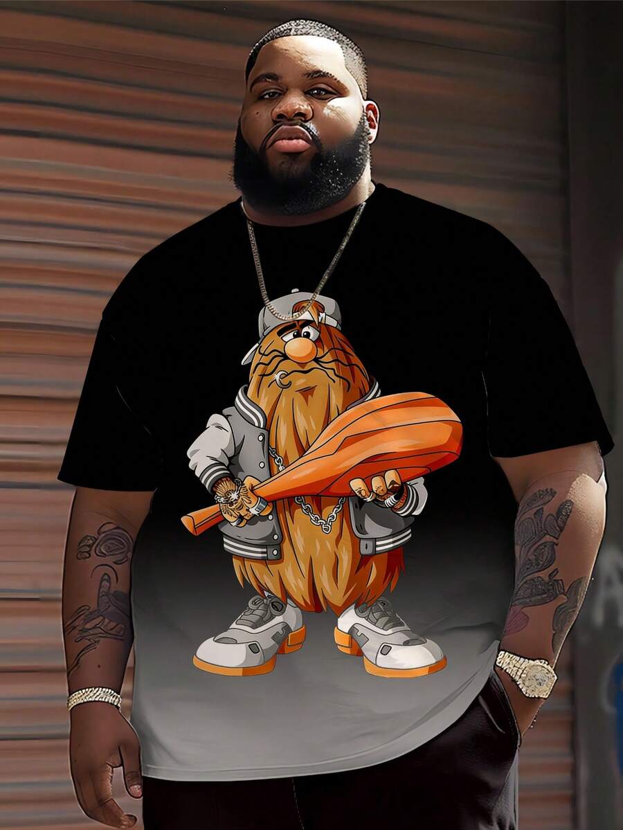 男士大码休闲圆领T恤，涤纶针织面料，舒适透气，时尚撞色格纹印花，趣味十足的穴居人渐变图案设计，新奇上衣 - 灰色 - 查看 1