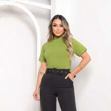 Blusas T-shirt Gola Alta Blusa  Feminina Gola Alta em Ribana Camiseta básica 100% Algodão Premium - Verde Pistache - Visão 5