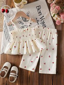 Bộ 2 áo hai dây in họa tiết quả anh đào trắng và quần dài cùng tông cho bé gái, mùa hè - Màu be - Xem 2
