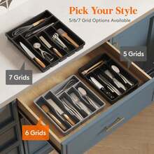 Organizador de cajón de cubiertos Lifewit, bandeja de almacenamiento de cubiertos de plástico para cajón de cocina, soporte y divisor para cucharas, tenedores, cuchillos y vajilla, 6 compartimentos, gris - ColorG - Ver 9