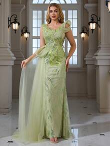 Luxury Beaded & Sequin Embroidered Elegant Mermaid Fishtail Tulle Maxi Dress, Suitable For Cocktail, Wedding, Evening Party - Green - View 5