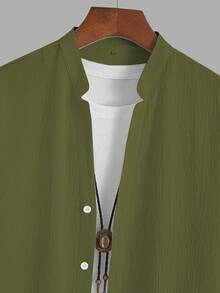 2pcs Men's Summer Fashion Minimalist Textured Shirt And Shorts Set - Army Green - View 6