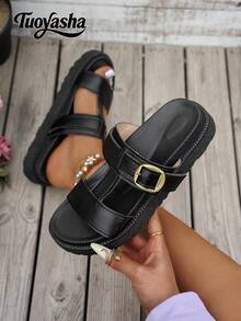 Nuevas sandalias de cuña con hebilla metálica decorativa, cómodas y antideslizantes, versátiles y fáciles de limpiar, adecuadas para la playa y el uso diario - Negro - Ver 7
