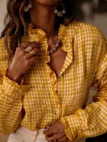 Women's Casual Plaid Long Sleeve Shirt, Spring/Autumn - Yellow - View 8
