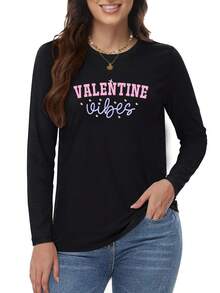 2026 Plus Size Women's Clothing, Women's Plus Size Loose Long Sleeve T-Shirt - Valentine's Day Atmosphere Pink And Black Heart Print Casual Round Neck Top, Valentine's Day Outfit, Casual Wear, Pink Letter Top (Machine Washable, Suitable For All Seasons) - Suitable For Plus Size Loose And Comfortable, Casual And Easy-Going, Hoodie, New Year Outfit Women - 黑色 - 查看 6