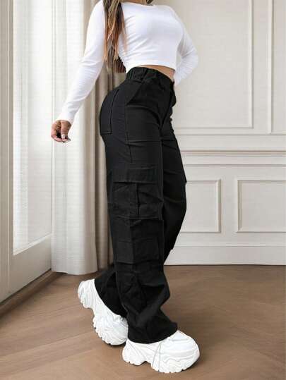 Black Multi-Pocket Buttoned Casual Y2K Leisure Elegant And Cute Work Pants. Suitable For Back-To-School, Clubs, Birthday Parties, Halloween, New Year, Thanksgiving, Concerts, Gyms, Beaches, Vacations, Business, Daily Airport Wear, Street Style, Teacher's Day, Spring, Summer, Autumn And Winter.