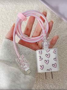 5pcs Pink Heart Design 20W/18W Phone Charger Set, Charging Cable Protector, Charging Head Protector, Compatible With IPhone 11 12 13 14 15 16 17 - 彩色 - 查看 9