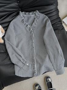 春夏黑色复古蕾丝格纹V领女式衬衫，荷叶边设计，休闲长袖修身衬衫 - 黑色 - 查看 2