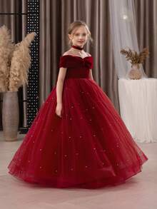 Tween Girl Christmas Dress Spaghetti Strap Bow Tulle Elegant Flower Girl Party Dress Princess Gown, Suitable For Girls Wedding, Party, Birthday, Communion, Special Occasions - Burgundy - View 4
