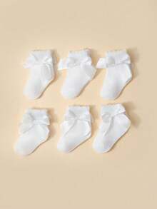 6 Pairs White Bow & Petal Design Socks, Spanish Style Elegant Lady & Baby Casual Socks - White - View 1