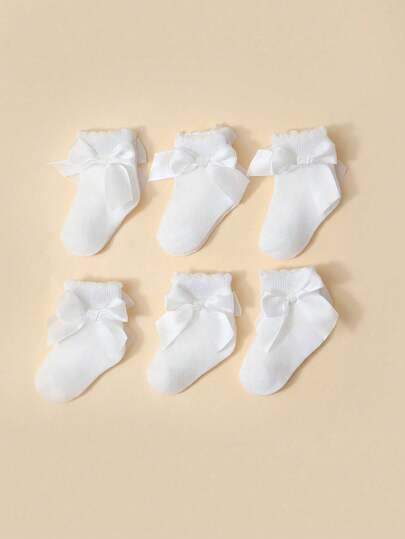 6 Pairs White Bow & Petal Design Socks, Spanish Style Elegant Lady & Baby Casual Socks