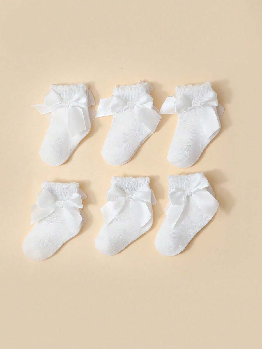 6 Pairs White Bow & Petal Design Socks, Spanish Style Elegant Lady & Baby Casual Socks - White - View 1