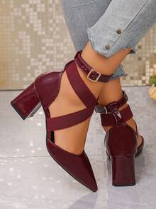 Giày cao gót mũi nhọn, gót chunky, quai chéo, màu đỏ rượu vang mới năm 2026, thích hợp cho công sở, hẹn hò và mang hàng ngày. - Màu Đỏ Sâu - Xem 8
