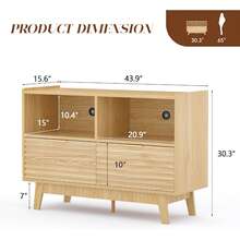 Buffet Sideboard Oak, Modern Storage Cabinet W/Cord Cutout, Accent Cabinet With Solid Wood Legs, Console Table W/Swing Doors & Open Shelves, Credenza For Living Room, Hallway, Entryway - Natural Oak - Xem 4