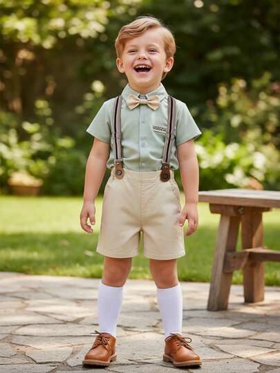 BOARNSEORL 两件套男童绅士套装 - 绿色短袖衬衫配领结和卡其色背带短裤，时尚帅气，适合生日派对、正式场合、聚会等。
