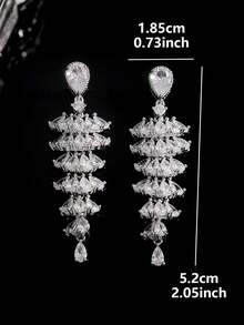 1 Pair Elegant Luxury Geometric Flared Design Unique Boutique Copper Micro-Inlaid Artificial Zirconia Embedded Personalized Glamorous New Bride Bridesmaid Gift, Suitable For Women's Wedding, Gala, Party, Vacation, Matching Evening Dress, Fashion Earrings - Silver - View 7