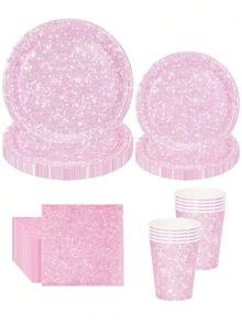 Juego de vajilla desechable de 10 piezas/20 piezas con estampado de brillo rosa, incluye platos, servilletas, vasos de papel rosa claro para fiesta de boda, cumpleaños, baby shower, evento, festival, fiesta de despedida de soltera - Rosa - Ver 3