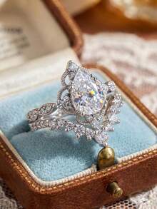 一套优雅的订婚及结婚戒指套装，女士珠宝，925纯银闪亮结婚戒指，精致珠宝，适合女孩生日、舞会等场合的礼物 - 款式2 - 查看 4