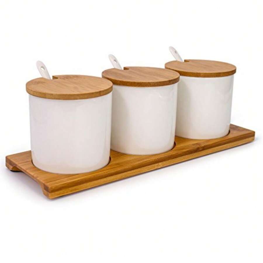 CYPNTarro de especias de porcelana con tapas soporte de tapa de bambú cuchara de cerámica para servir bandeja de madera la mejor olla de cerámica para tu hogar cocina mostrador. Blanco 170 mlFashion - 227629542 - Ver 1