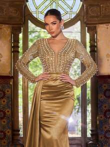 Faeriesty 女士深V领长袖正式晚礼服，饰以珍珠和水晶串珠，美人鱼尾拖尾，后背拉链闭合，优雅缎面连衣裙，适合周年庆典、红毯活动、正式晚宴、婚礼和特殊场合派对。 - 金色 - 查看 4