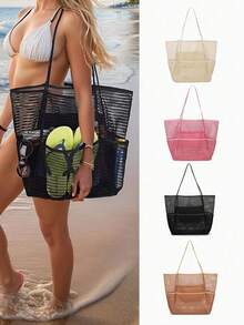 Große faltbare Mesh-Strandtasche, Damen Schultertasche, Mesh-Strandtasche mit Taschen zum Tragen von Bademode, Toilettenartikeln, Strandaccessoires - Verschiedenfarbig - Übersicht 1