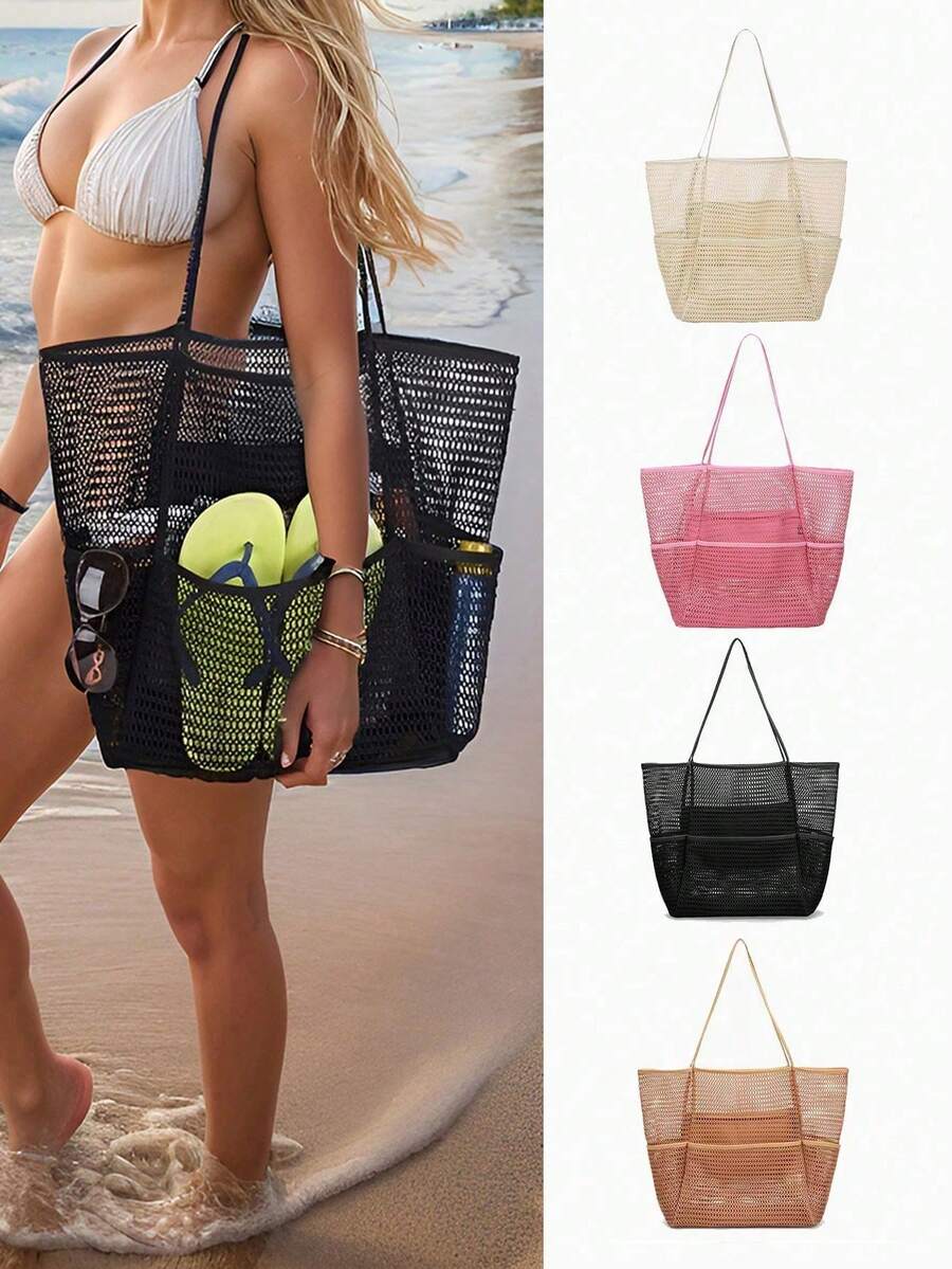 Große faltbare Mesh-Strandtasche, Damen Schultertasche, Mesh-Strandtasche mit Taschen zum Tragen von Bademode, Toilettenartikeln, Strandaccessoires - Verschiedenfarbig - Übersicht 1