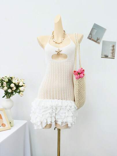 女士派对连衣裙，优雅沙滩夏季度假装，轻盈针织吊带透视网纱海星装饰金属质感浪漫性感约会之夜层叠荷叶边修身迷你吊带裙