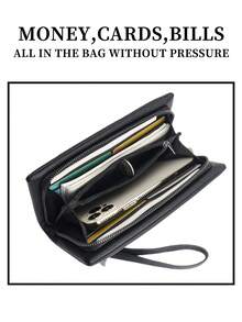 HOVI'S Men Clutch Bag Black Litchi Texture PU Zipper & Snap Button Wrist Strap - Large Capacity Phone Holder Multi Card Slots New Year Gift Valentine's Day Gift