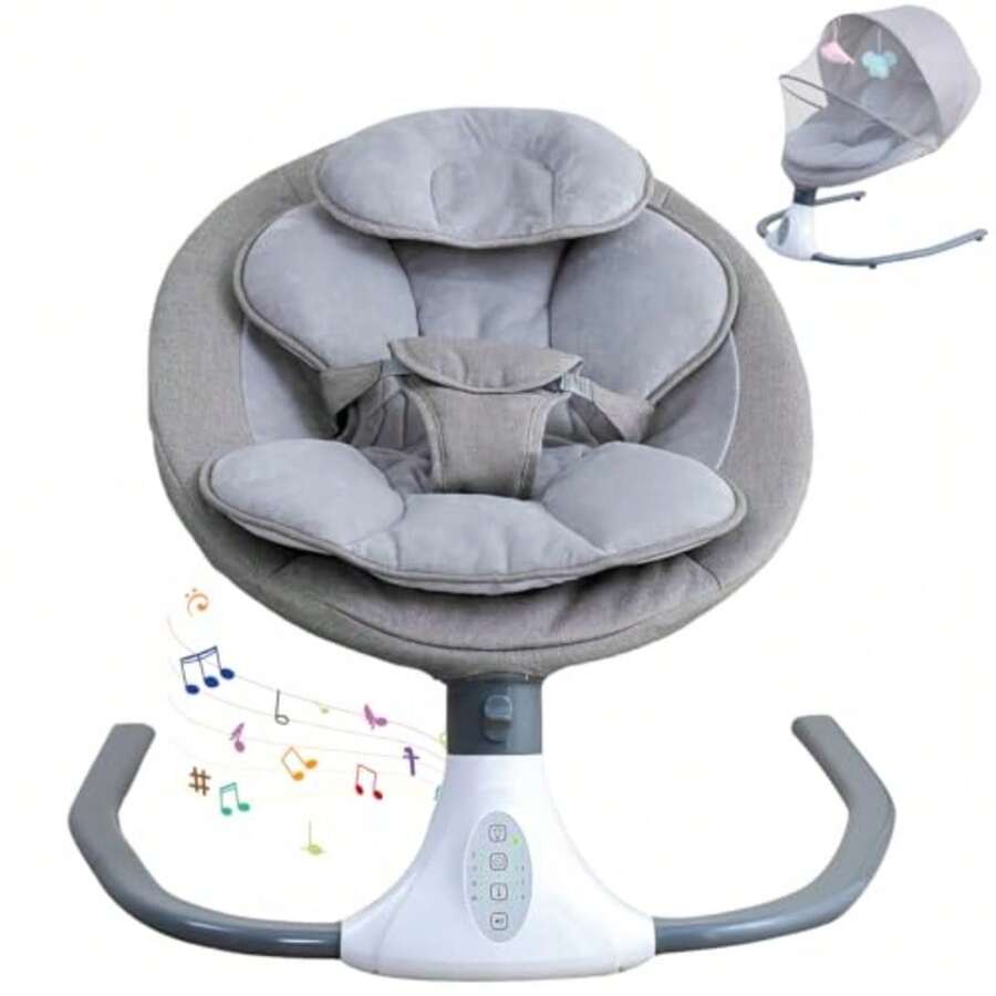 JCH-Mecedora Eléctrica para Bebé Hamaca para Bebé con Mosquitera Silla Acolchada Multifuncional para Bebés con Mando a Distancia 12 Canciones de Cuna 4 Velocidades de Balanceo Columpio Eléctrico Bebés - color gris - Ver 1