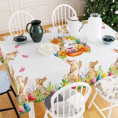 1件复活节主题桌布，兔子花篮印花装饰，适用于复活节派对、复活节派对装饰用品、复活节快乐桌布、春季派对装饰、春节礼物、节日家居装饰用品、节日派对装饰、餐桌装饰、房间装饰、家居装饰布、复活节礼物、家居装饰、节日派对装饰
