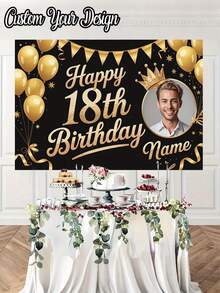 1 cái - Banner trang trí tiệc sinh nhật lần thứ 18 tùy chỉnh - Ảnh và văn bản cá nhân hóa, thiết kế bóng bay và vương miện, phông nền bàn bánh bằng polyester, phông nền Chúc mừng sinh nhật tùy chỉnh với tên và ảnh, áp phích in chủ đề đen và vàng tùy chỉnh, kỷ niệm sinh nhật lần thứ 50 với nền đen bóng và các chi tiết lấp lánh vàng. - Nhiều màu - Xem 2